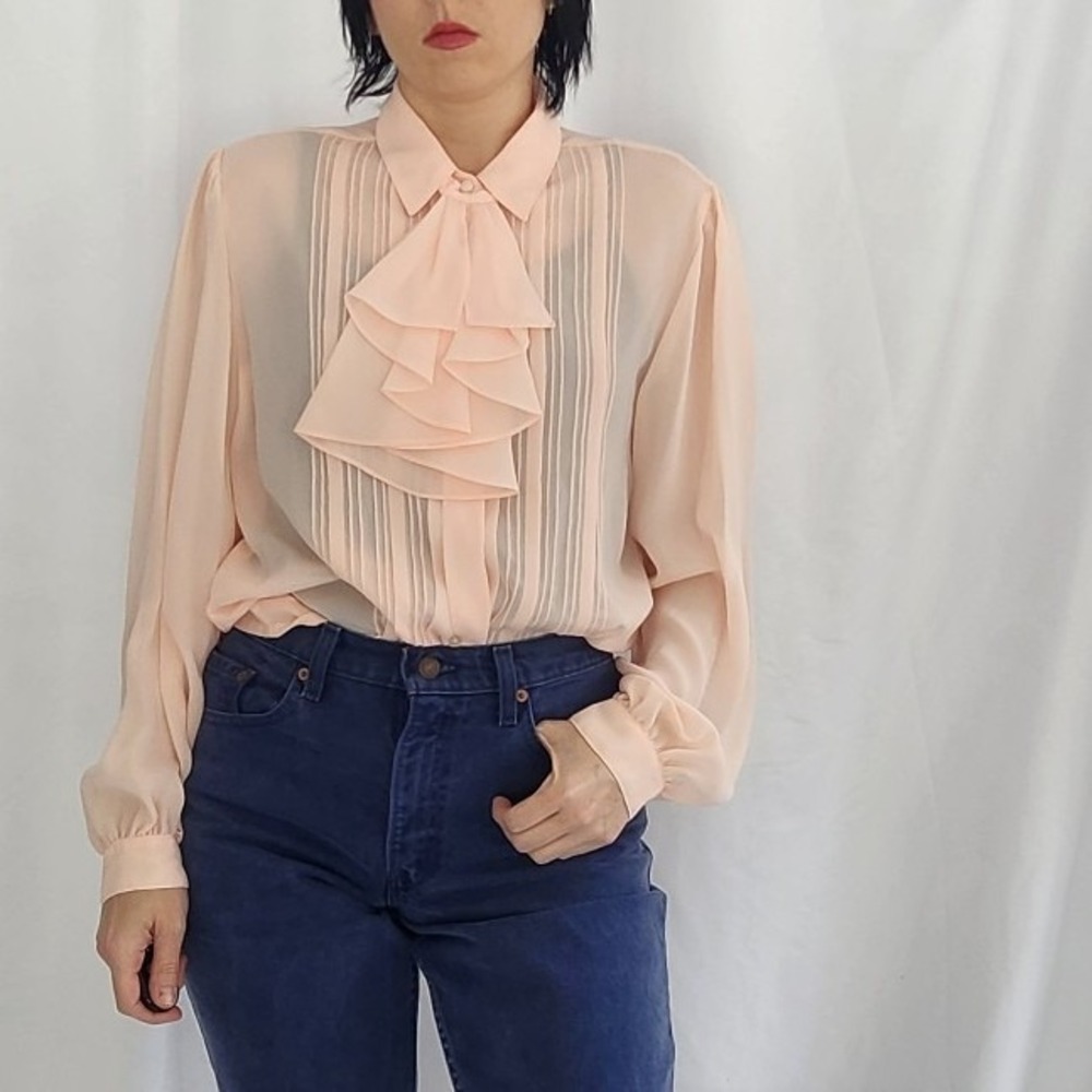 80s Sheer Pink Button Down with Frilly‎ Collar